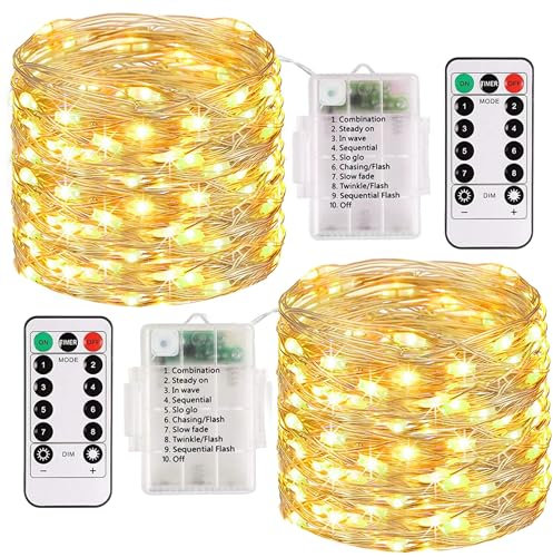 Pack of 2 10M Battery Operated Fairy Lights with Remote Control, 8 Modes 200 Dimmable LEDs String Lights for Lawn, Patio, Bedroom, Halloween, Christmas Home Decor (Warm White)