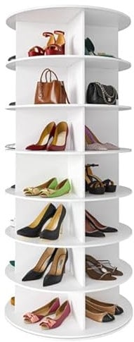 CEIEVER Drehbares Schuhschrank, Runder Schuhständer mit 7 Ebenen Drehbares 360-Grad-Schuhregal 60X60X160CM Schuhschrank-Organisation schuhregal weiß für Garderoben und Eingangsbereiche