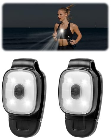 PRETTI 2 Pack LED Clip On Running Lights for Night Safety, USB Rechargeable Hands-Free Flashlights with 3 Brightness Modes, Lightweight for Runners, Hiking, Dog Walking - Ultra Bright White Light
