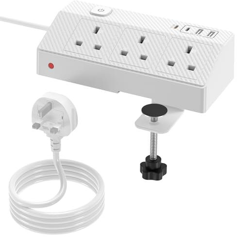 Desk Extension Lead with USB Slots, HAFINO PD 20W Fast Charging Power Station, 1.8M White Extension Cable with Removable Clamp, Desk Power Socket for Home Office