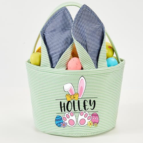 Thinocusty Personalisierte Osterkörbe – Osterhasenkorb mit Hasenohren und Griff, Seersucker-Eiersuche, Hasenbeutel, ideal für Ostereier-Spiele