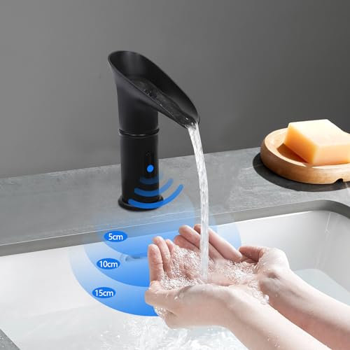 Grifo sin contacto con sensor de infrarrojos, diseño moderno en negro, ahorro de agua, higiénico, distancia de detección de 5 a 15 cm, funciona con pilas, perfecto para cocina y baño