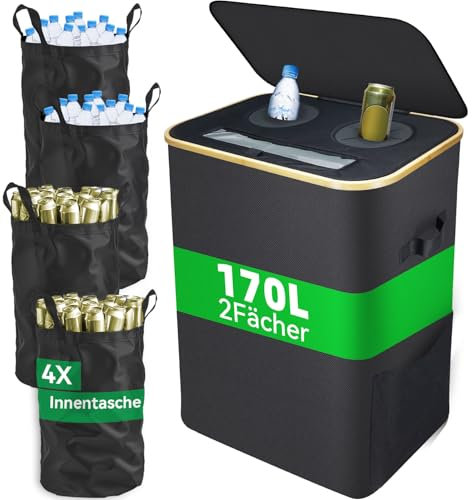 DanzeyGreen 170L Pfandflaschen Sammelbehälter mit Deckel,2 Fächer,4 Flaschentaschen,Großer Pfandbehälter,Flaschensammler leergut geeignet für Küche und Speisekammer,Schwarz (170L)