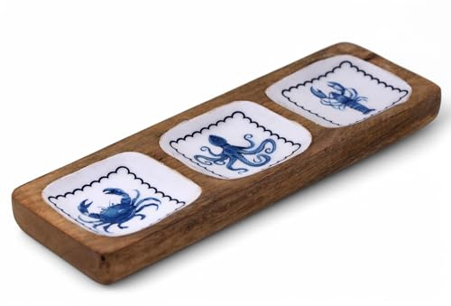 Nautical Wooden and Enamel Serving Tray with Blue Sea Life Designs