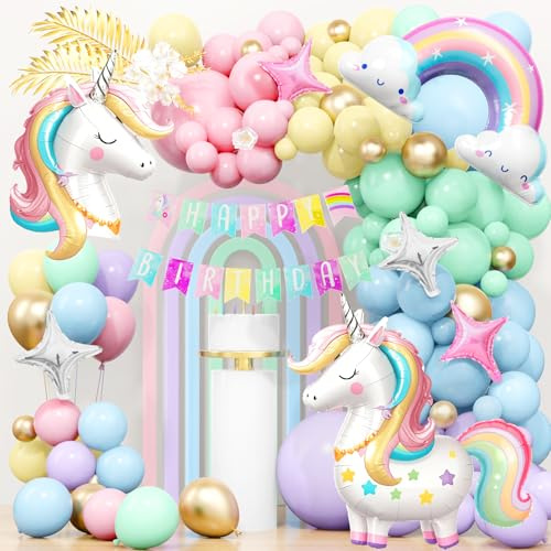 127 Stück Einhorn Deko Kindergeburtstag Geburtstagsdeko Mädchen Einhorn Luftballon Bunte Luftballon Bogen Folienballon Happy Birthday Girlande Einhornparty Geburtstagsdeko Mädchen für 3 4 5 6 Jahre