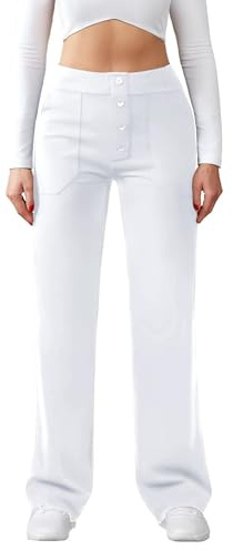 Friptspyg Women's High Waist Wide Leg Trousers Button Straight Leg Trousers Casual Work Trousers Stretch Yoga Trousers with Pockets