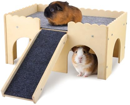 Neulriscn Wooden Guinea Pig House, Guinea Pig Castle with Ramp, Small Animal Hideouts with Detachable Stair & Cushion for Hamsters, Hedgehogs, Rats, 4 Entrances, Hiding and Playing, 38 x 25 x 18cm