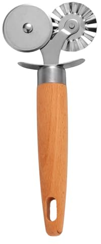 Double Wheel Pastry Cutter, Professional Pizza Cutter with Wood Handle Stainless Steel Kitchen Baking Tool for Spaghetti Fluted Pasta Ravioli Dough
