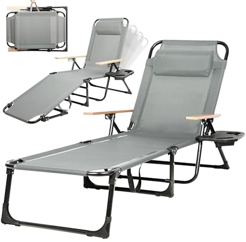 T-ZBDZ Sonnenliege Klappbar 4-Verstellbarer Rückenlehne Gartenliege Liegestuhl, Leicht Strandliege Liege inkl. Kopfkissen & Getränkehalter, bis 150 kg für Balkon Garten Pool Terrasse, Grau
