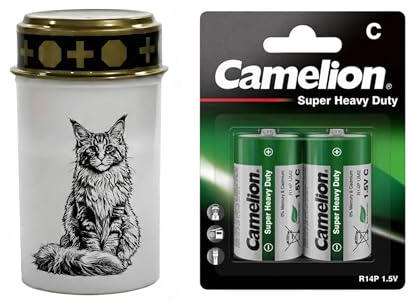 Fachhandel Plus LED Grablicht Katze, batteriebetriebenes Gedenklicht mit flackernder LED Flamme als sicherer Grabschmuck für Tiergrab und Gedenkplatz - ewiges Licht (Weiß, Maine Coon)