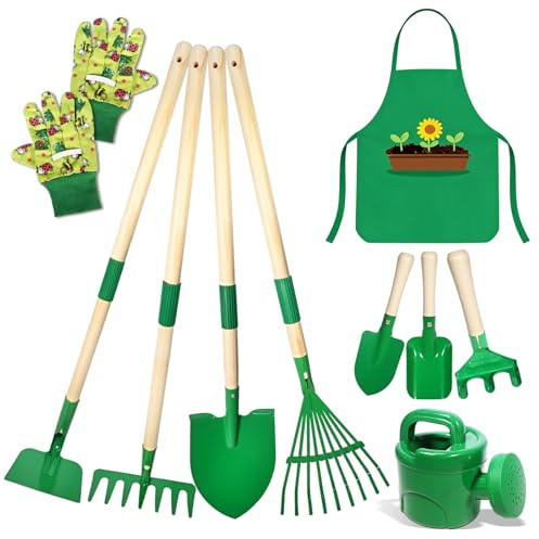 Outils Jardinage Enfant, 10 Kit Jardin Métal avec Pelle, Râteau, Fourche, Gants de Travail, Tablier, Arrosoir, Ensemble Complet de Jardinage pour Enfants, Jardin Extérieur, Cour, Pelouse (A)