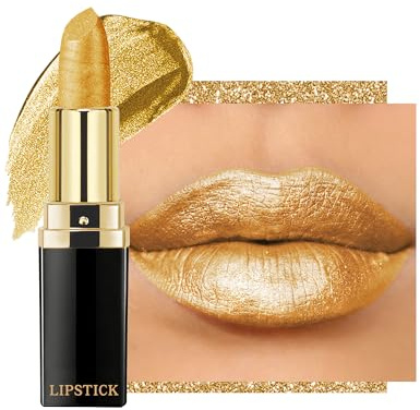 Metallic Glitzer Lippenstift Gold, Seidige Cremige Glitter Lipstick Makeup | Hochpigmentierter Shiny Lippenstift mit Feuchtigkeitsspendende Formel, Langanhaltende Glanz, Vegan Lipgloss für Damen Mädchen