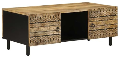 HFXHIJXQ Table basse noire 100 x 54 x 40 cm en bois de manguier rugueux - Design moderne avec 2 portes - Table basse robuste pour salon, chambre, couloir