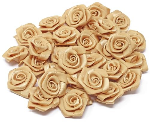 Roses artificielles décoratives en ruban de satin doré 25 mm, Ruban, doré, 25mm