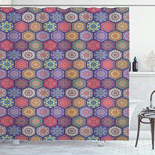 ABAKUHAUS Metala Rideau de Douche, Motif Oriental Hexagonal, Tissu Ensemble de Décor de Salle de Bain avec Crochets, 175 cm x 200 cm, Multicoloree