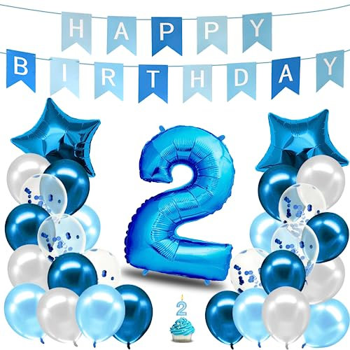 envami® Geburtstagsdeko Jungen Blau Zahl 2. Geburtstag Junge Happy Birthday Deko Folienballon 2 Luftballon 2. Geburtstag Kindergeburtstag Deko 2.