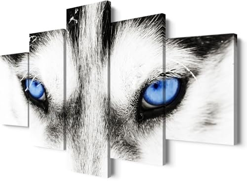 5 Stück Tier-Wandkunst Husky Blue Eyes Husky Poster Tier Poster Hund Wandkunst Tier Bilder Wandkunst Tier Wanddekoration Tier Bilder Tier Leinwand Husky Dekor für Schlafzimmer Dekor (127 cm Bx61 cm H)