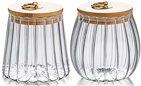 FANTESTICRYAN Glass Coffee Nuts Canister Airtight Storage Jar Petal Decorative Container with Bamboo Lid Metal Handle Easy to Grasp (small set)