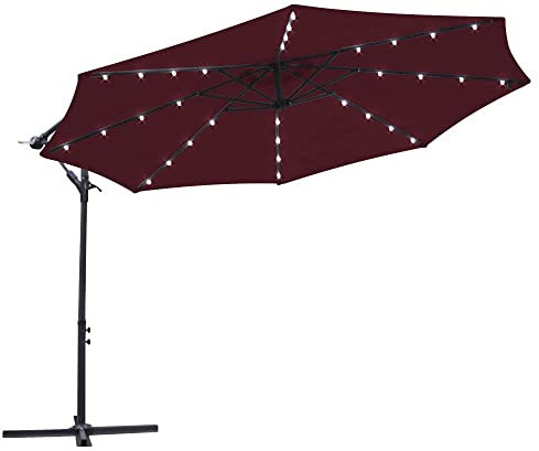 Green Bay Garden Banana Parasol Solar LED Lights 3m Sun Shade Shelter Crank Hanging Rattan Cantilever Outdoor Umbrella Wine Red