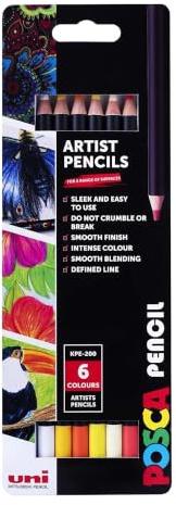 POSCA KPE-200 Oil & Wax Colouring Pencils, Sunny Colours (6-Pack) | Premium Tough Nib, Multi-Surface Use on Wood, Fabric, Paper, Canvas, Rich Pigmented Colours for Blending & Shading