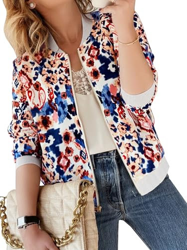 ECOWISH Veste bomber décontractée à fermeture éclair pour femme, col rond, léger, court, coupe-vent avec poche, motif floral/camouflage, X-Large