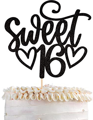 1 Stück Glitzernder Sweet Teenager 16 Cake Topper Süßes 16 Kuchendekoration Jungen Mädchen Happy 16th Birthday Tortendeko Geburtstag Teenager Geburtstag Party Prost Kuchen Dekoendeko Schwarz