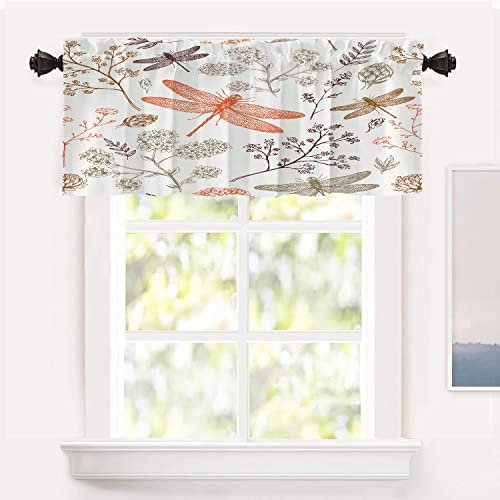 Shrahala Scarlet Wilderness Dragonfly Kitchen Valances, Blackish Green Vintage Floral Half Window Curtain Window Treatment Multilayer Polyester Blackout for Living Room Bathroom 52 x 18 in