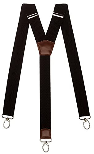 Olata Extra Breite Herren Hosenträger Y-Form mit Braun Leder und Karabinerhaken – 4 cm. Schwarz