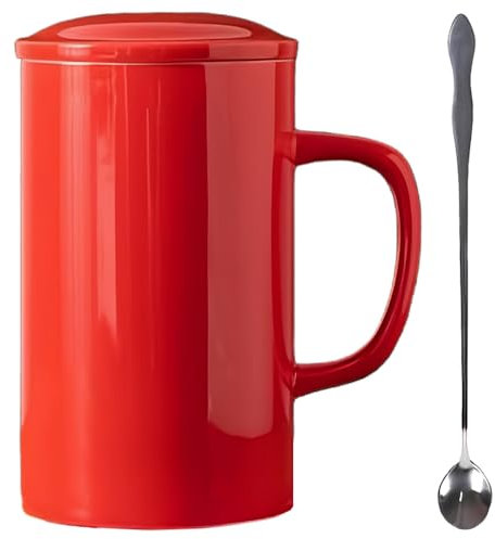 NIUKOMY Très Grande Tasses en Céramique 1000ML, Jumbo Grande Tasse à Café avec Cuillère et Couvertures, Tasse à Thé Extra Large en Porcelaine, Super Big Mug, Rouge