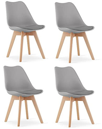 NMK HOME Sillas Comedor Pack 4 - Gris Sillas de Cocina - Patas de Silla en Madera de Haya - Piel Sintética Aterciopelada