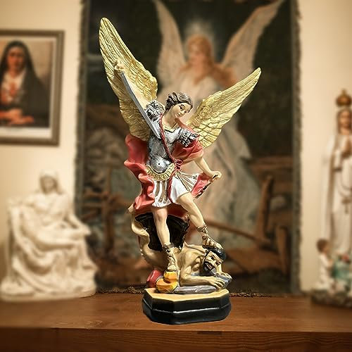 FAIRYVILLE San Miguel Arcangel Statue St. Michael in Bronzed Resin Heaven Defeating Lucifer Statue for Collection and Home Decoration