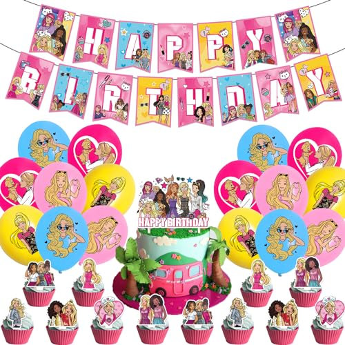 30Pcs Barbiprinzessin Geburtstag Dekoration, Bar-bi Cake Toppers, Happy Birthday Banner, Prinzessin Party Dekoration Luftballons, Kinder Mädchen Geburtstag Party Dekoration Luftballons