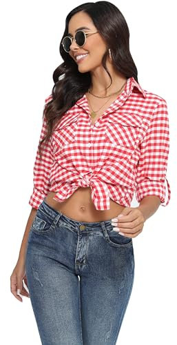 Yukiuiny Chemisier Carreaux 100% Coton Femme Chemise Bucheron Western T Shirt Casual Décontractée Classique Retro Ecossaise Flanelle Blouse Gilet Vintage Rouge Blanc_B XL