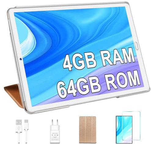 YESTEL Tablet 10 Pollici con Custodia, Tablet Android con 4 GB RAM, 64 GB ROM (Espandibile Fino 1 TB), Wi-Fi, Bluetooth, 8000 mAh, Doppia Fotocamera 5 MP + 8 MP, HD IPS, Oro