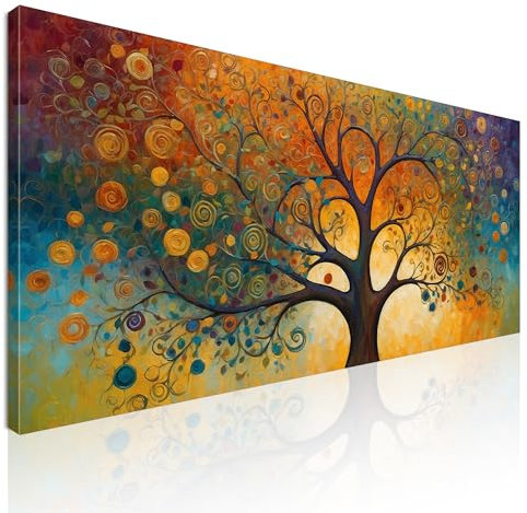 CheQuadro! Quadro xxl soggiorno, camera da letto, quadro largo, Albero della Vita con Motivi Astratti e Colori Vivaci, su tela, intelaiato pronto da appendere bow2-105x50 cm