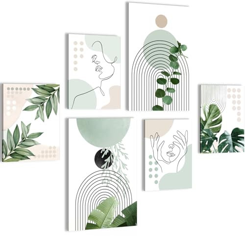 Novart Wandbilder Abstrakt Figuren Blätter - KOMPLETT AUFHÄNGFERTIG - Beige Weiss Grun Wohnzimmer Schlafzimmer Flur - 6 Moderne Mood-Bilder - N034067a