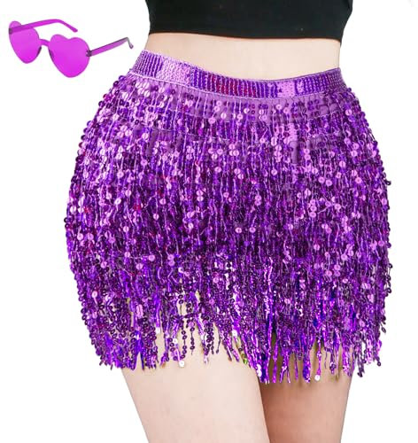 Pailletten Rock, Pailettenrock für Damen Gläser Set, Glitzerrock + Gläser, Quasten Glitzer Rock, Mini Rock für Damen und Mädchen, Lila Bauchtanz Lateintanz Hula-Performance Kostüm, Steampunk Stil