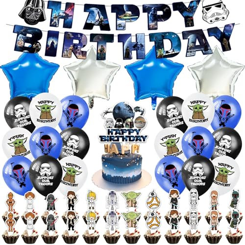 48PCS S-tar Wa Birthday Decorations, Cartoon Yoda Foil Balloons Wars Theme Party Decorations Set with Banner Cupcake Toppers Latex Balloons, Wars Birthday Party Supplies for Kids Boys Girls
