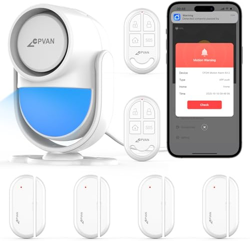 CPVAN Home Alarm System, 2.4G WiFi PIR Motion Sensor Alarm, Wireless DIY Smart Door/Window Alarm for Home Security with Phone APP Alert 7 Pieces Kit (PIR Alarm Hub, 4 Door Sensors, 2 Remotes), White