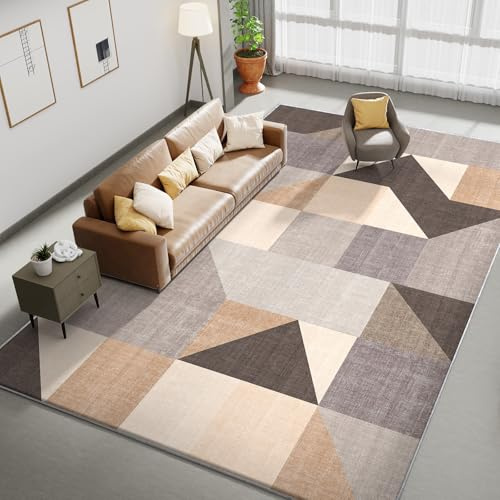 HOMFINE Moderner Teppich Wohnzimmer 160x230 cm Braun - (10mm Dicker Schwamm) Waschbarer Kurzflor mit Anti-Rutsch Unterseite, Weich Geometrisch für Schlafzimmer Esszimmer Küche