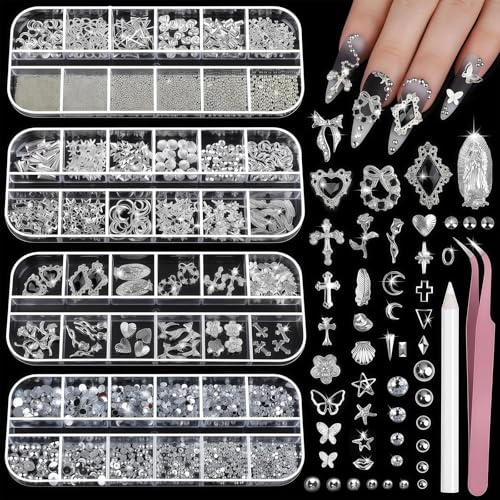 Vesavifaka Silver Nail Charms and Gems Kit, 4 Boxes Nail Gems Silver Rhinestones for Nails, 3D Y2K Accessories Nail Decor, Cross Charms for Nails Design Star, Caviar Beads for Nails Art