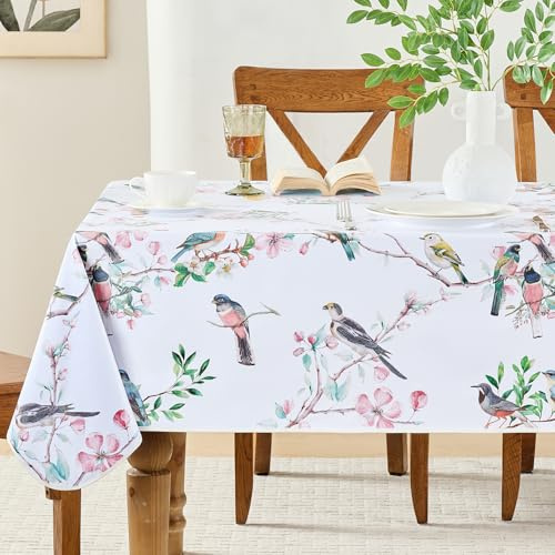 FIBORIA Nappe Rectangulaire 140×180 cm Toile Cirée Extérieur PVC Imperméable, Motif Fleurs & Oiseaux Printemps Coloré, Nappes Blanches, Antitache, Lavable, pour Pâques, Repas Famille & Dîners Jardin