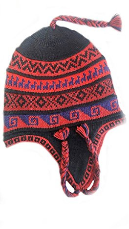 Alpacaandmore Unisex Chullo Mütze Strickmütze Alpakawolle dick gestrickt rot mit Vlies gefüttert Inka Muster Einheitsgröße