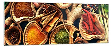 Panorama Bilder auf Glas Küche Essen Kräuter Gewürze Glasbild 140x50cm Wandbilder Dekoration Wohnzimmer Schlafzimmer Küche Groß XXL Wanddeko Bild im Glas Wand Kunstdruck Art Modern GAB140x50-2844