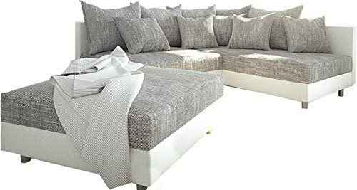 DELIFE Eckcouch Clovis Weiss Hellgrau mit Hocker Ottomane Rechts Ecksofa Modulsofa