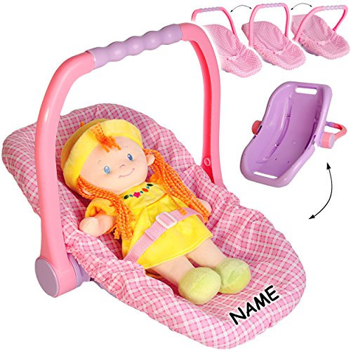 alles-meine.de GmbH 2 TLG. Set große Autoschale/Autositz + Stoffpuppe - Mädchen - inkl. Name - Bezug abnehmbar/Henkel stufenlos verstellbar - Schmusepuppe - Puppentrage..