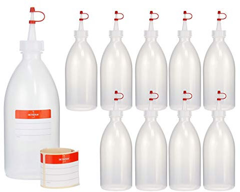 10x Bouteilles en plastique 500 ml de LDPE, naturel, G25, bouchon compte-gouttes, sangle de retenue rouge et bouchon