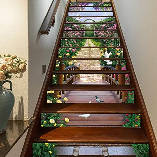 FLFK 13Pcs 3D Pink Flower Garden Staircase Stickers Self-Adhesive Waterproof Stone Bridge Stair Riser Stickers Murals for Home Decoration 39.3 w x 7 h