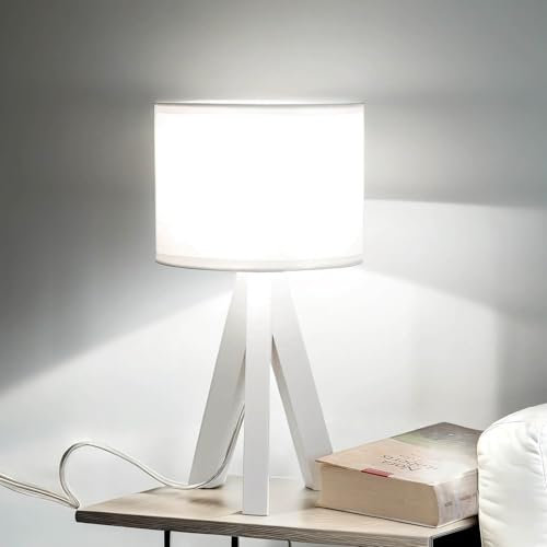 Easylight Weiße Tischleuchte Dreibein Holz Stoff E14 Nachttisch Wohnzimmer Lampe