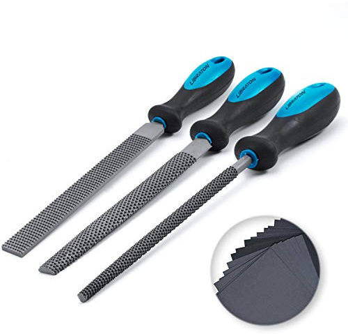 LIBRATON Raspa per Legno 3PCs Lime per Legno 200mm - Appiattita, Semitonda, Tonda Impugnatura Ergonomica Component e Extra 28pcs Kit Carta Abrasiva, Carta Vetrata in Grane